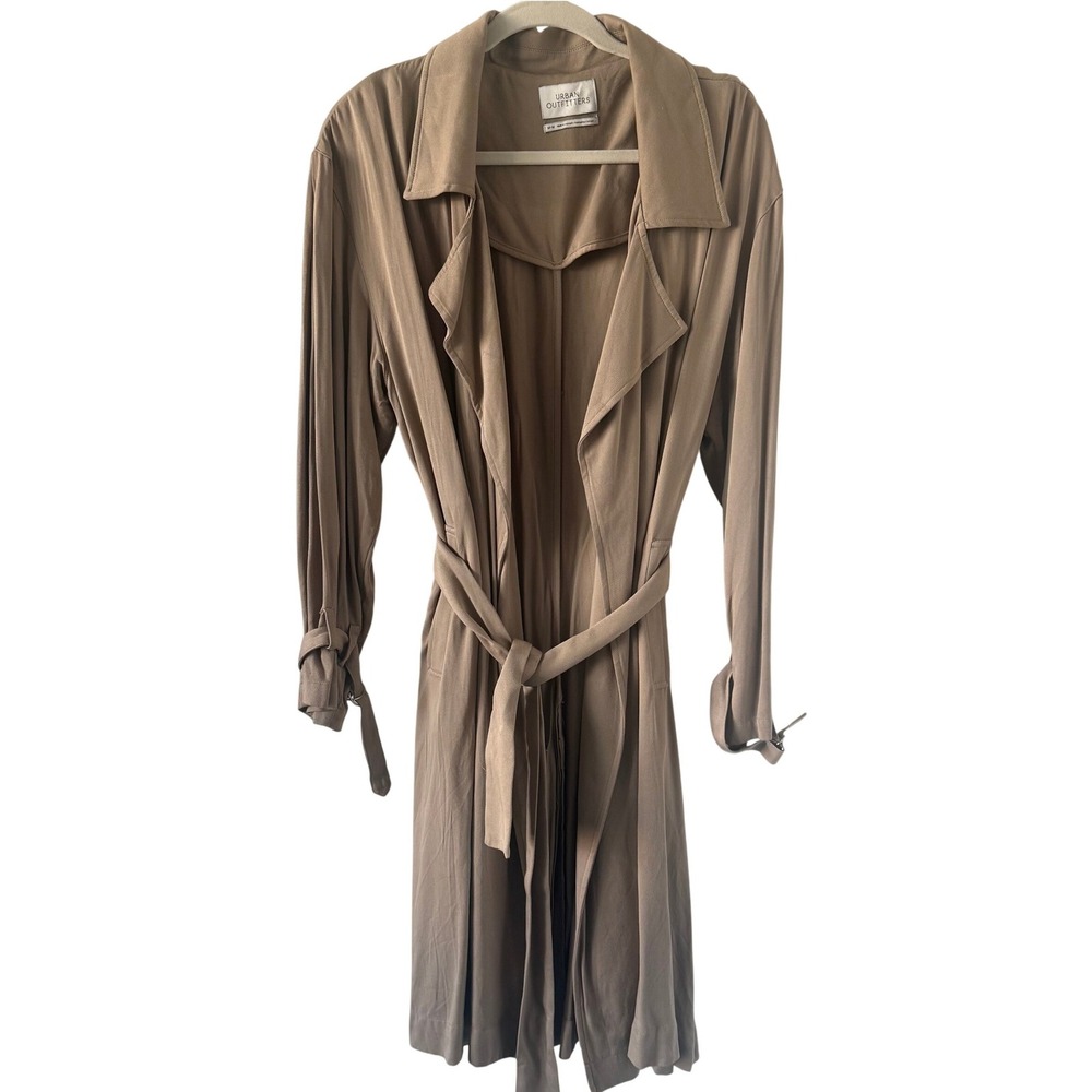 Urban Outfitters Tan Viscose Duster Trench Coat Sz M belted capsule minimalist